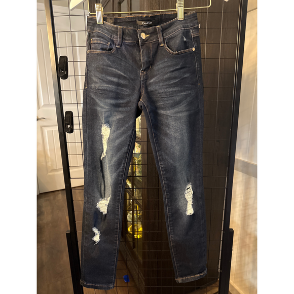 bebe Denim - bebe Distressed Dark Wash Denim Jeans in Blue